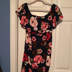 Maternity dress. Blue with pink flowers